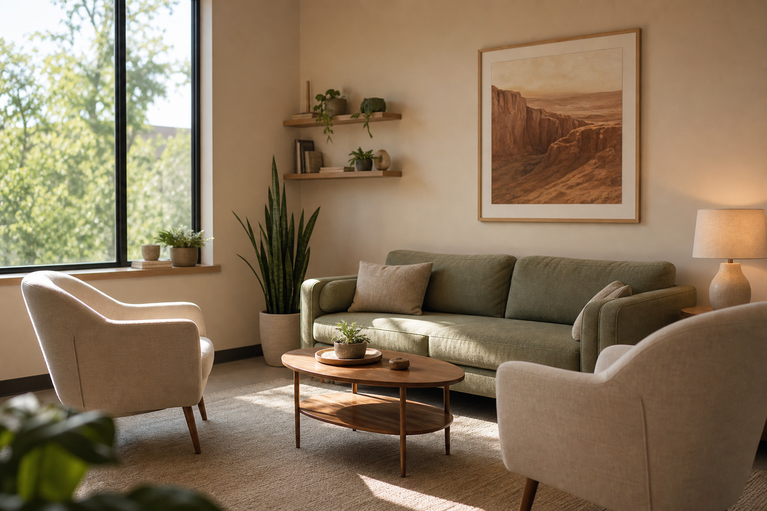 A warm and inviting therapy room arranged for couples therapy in Las Vegas.