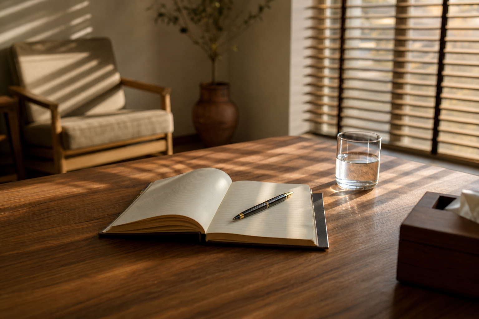 A serene therapy office desk with a clinical notepad for relationship assessment.